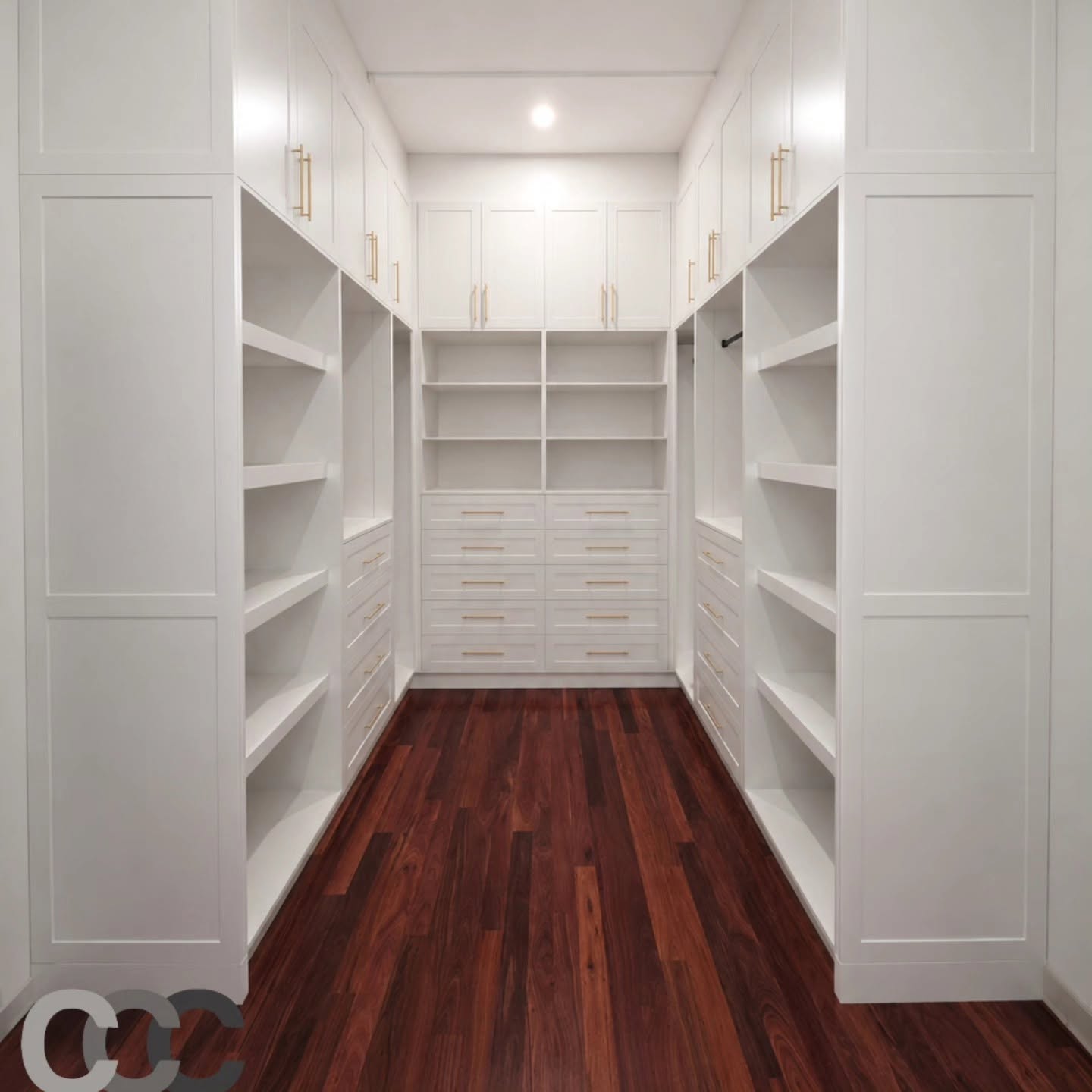 Custom walk-in wardrobe with gold hardware - Chris Caruso Creations Adelaide